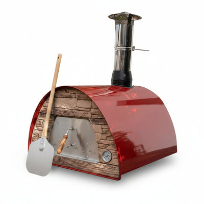 Maximus Red Wood-Fired Portable Outdoor Pizza Oven, Handmade in Portugal, Stainless Steel Chimney, Pizza Peel, Thermometer, Extra Floor Tile & Baking Dish Included