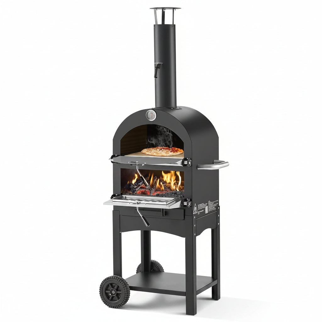 Outdoor Pizza Oven, 12" Pellet Fire Ovens, 2-Layer Pizza Oven Wood Fired, Wood Burning Outdoor Pizza-Oven with 2 Removable Wheels, 1000℉ Max Temperature Fired Pizza-Maker Ovens for Barbecue