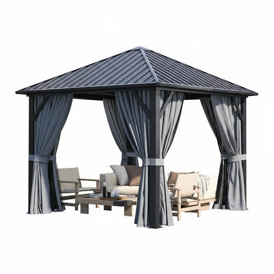 10 Ft. X 10 Ft. Outdoor Galvanized Steel Roof Gazebo, Aluminum Frame Pergolas with Ceiling Hook, Curtains and Netting