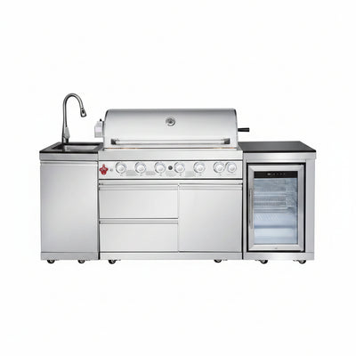 Outdoor Kitchen Island with Built in Grill, 6 Burner 83500 BTU Stainless Steel Gas Barbecue Island, Patio Cooking Station with Sink & Wine Cooler, Built in Grill Island for Backyard (Silver)