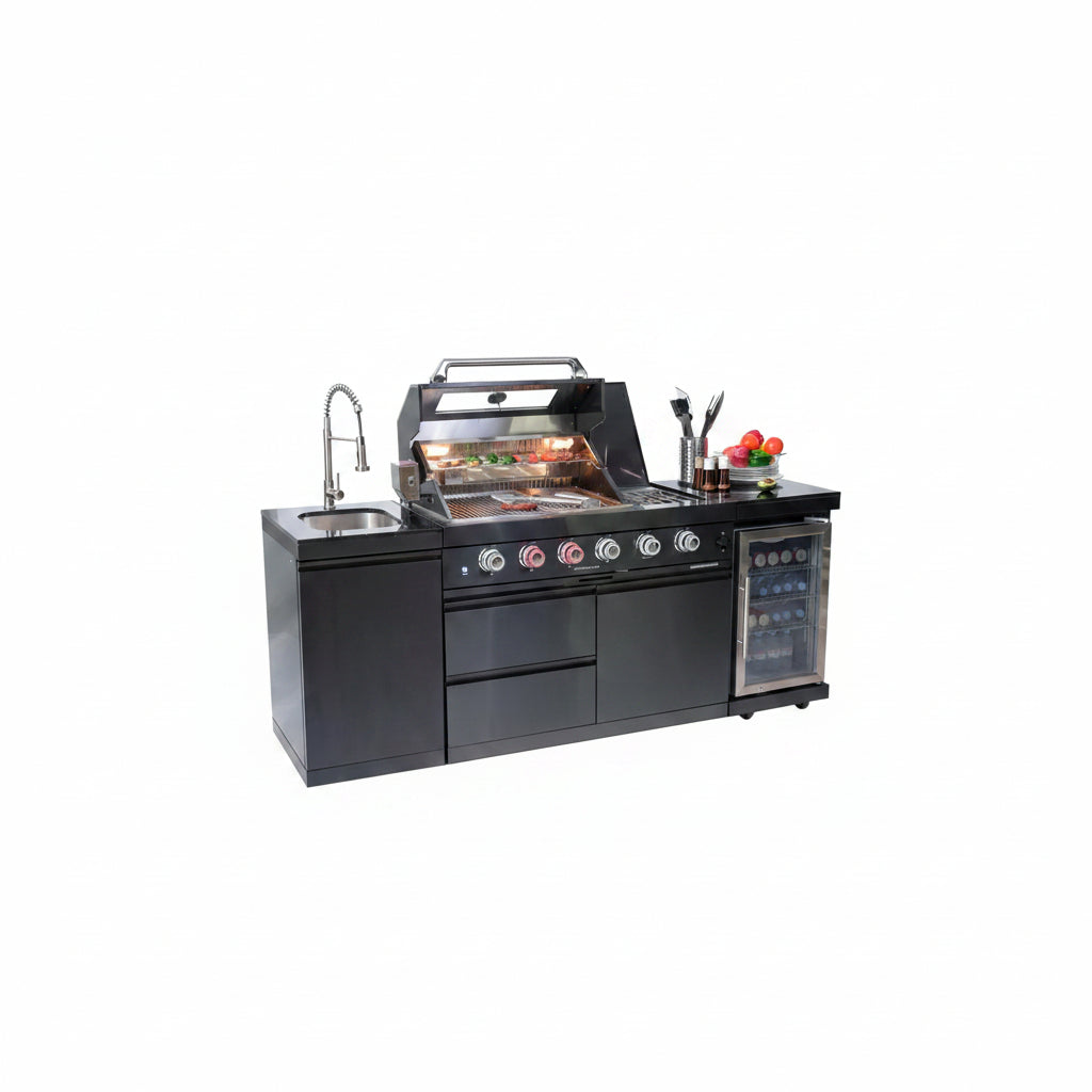 Outdoor Kitchen Island Gas Grill System 4 Burner BBQ Island with Rotisserie Kit, Integrated Sink, Wine Cooler & Granite Countertop