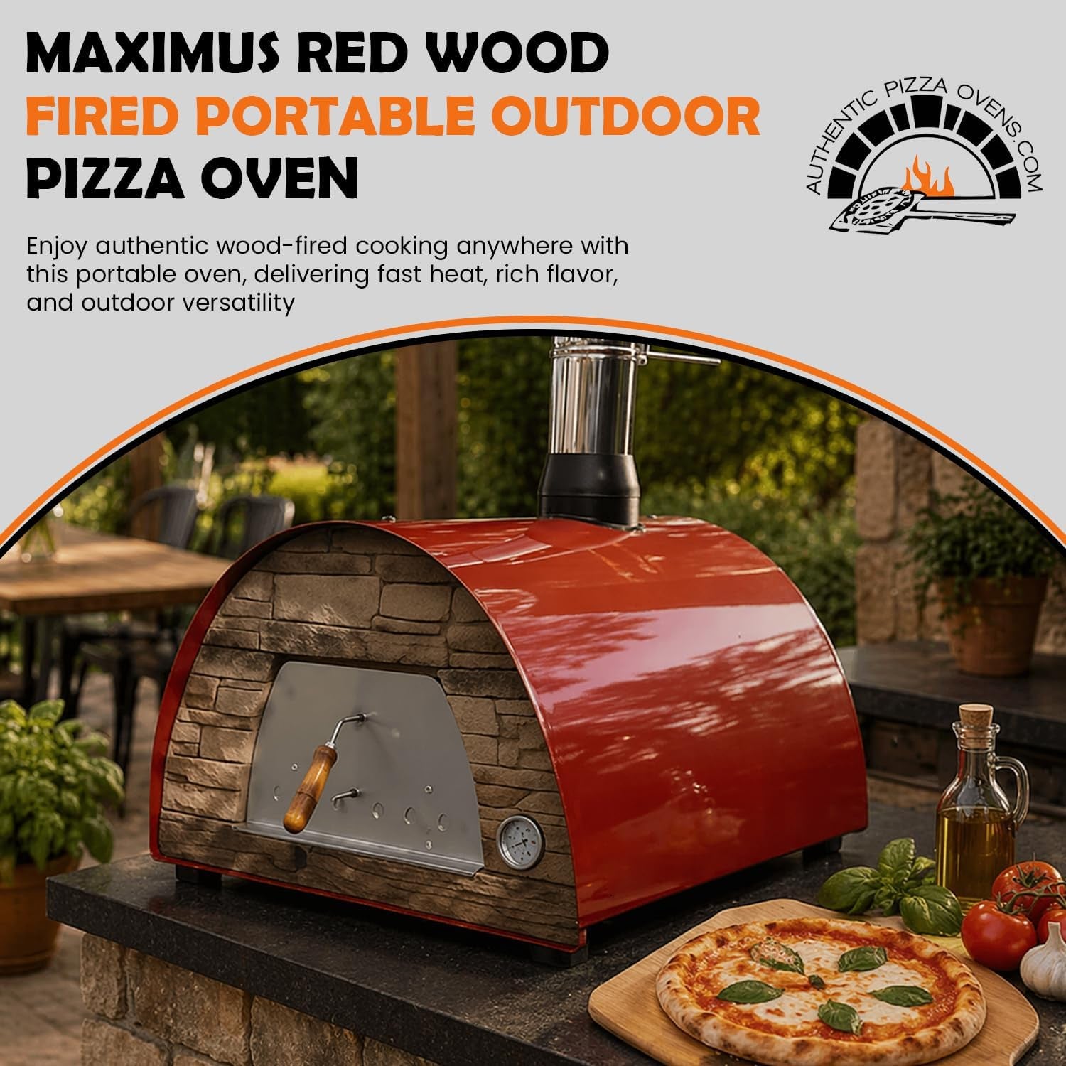 Maximus Red Wood-Fired Portable Outdoor Pizza Oven, Handmade in Portugal, Stainless Steel Chimney, Pizza Peel, Thermometer, Extra Floor Tile & Baking Dish Included