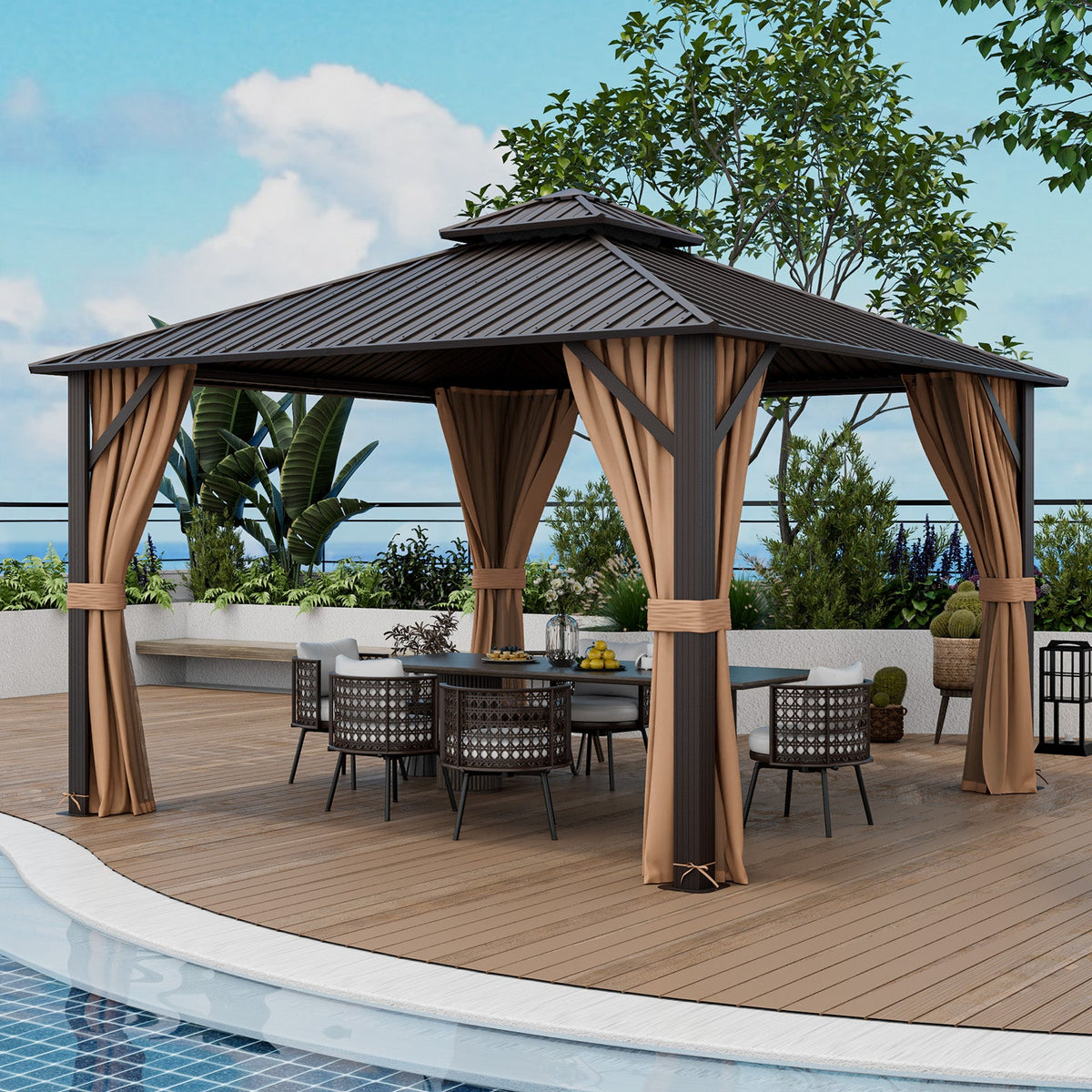 12 x 12 Feet Double-Roof Patio Hardtop Gazebo with Galvanized Steel Roof Netting and Curtains-Coffee