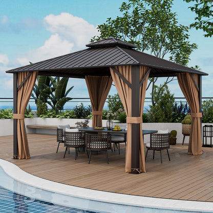 12 x 12 Feet Double-Roof Patio Hardtop Gazebo with Galvanized Steel Roof Netting and Curtains-Coffee