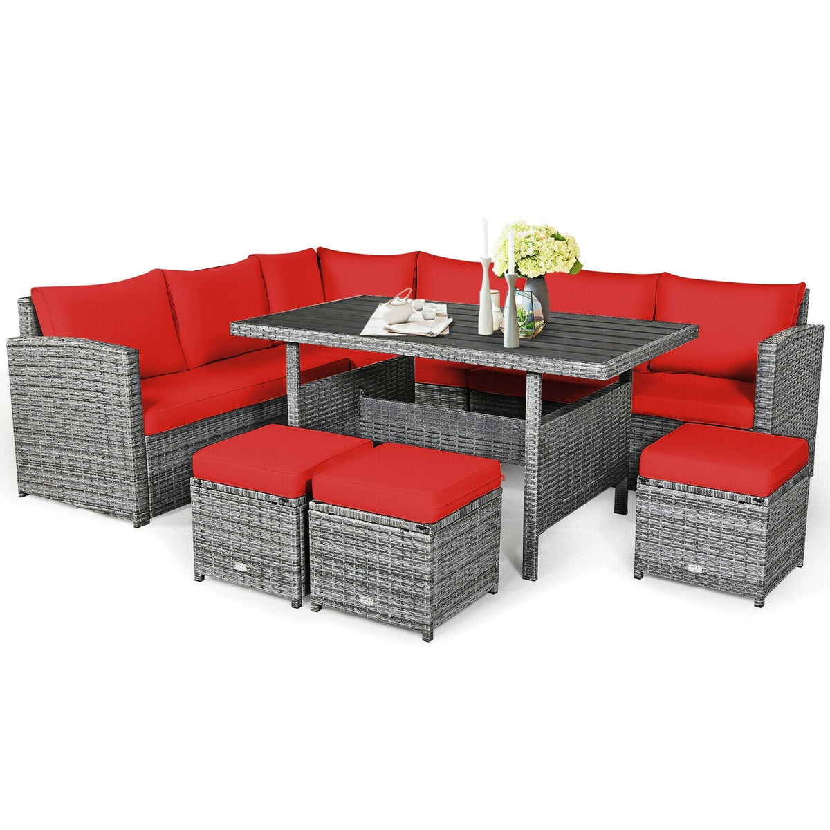 7 Pieces Patio Rattan Dining Furniture Sectional Sofa Set with Wicker Ottoman