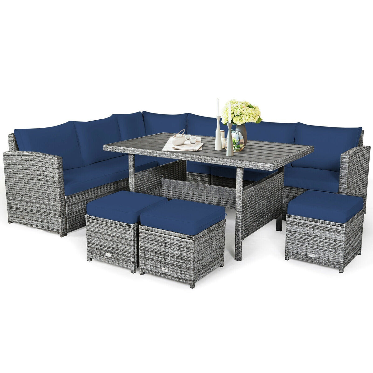 7 Pieces Patio Rattan Dining Furniture Sectional Sofa Set with Wicker Ottoman