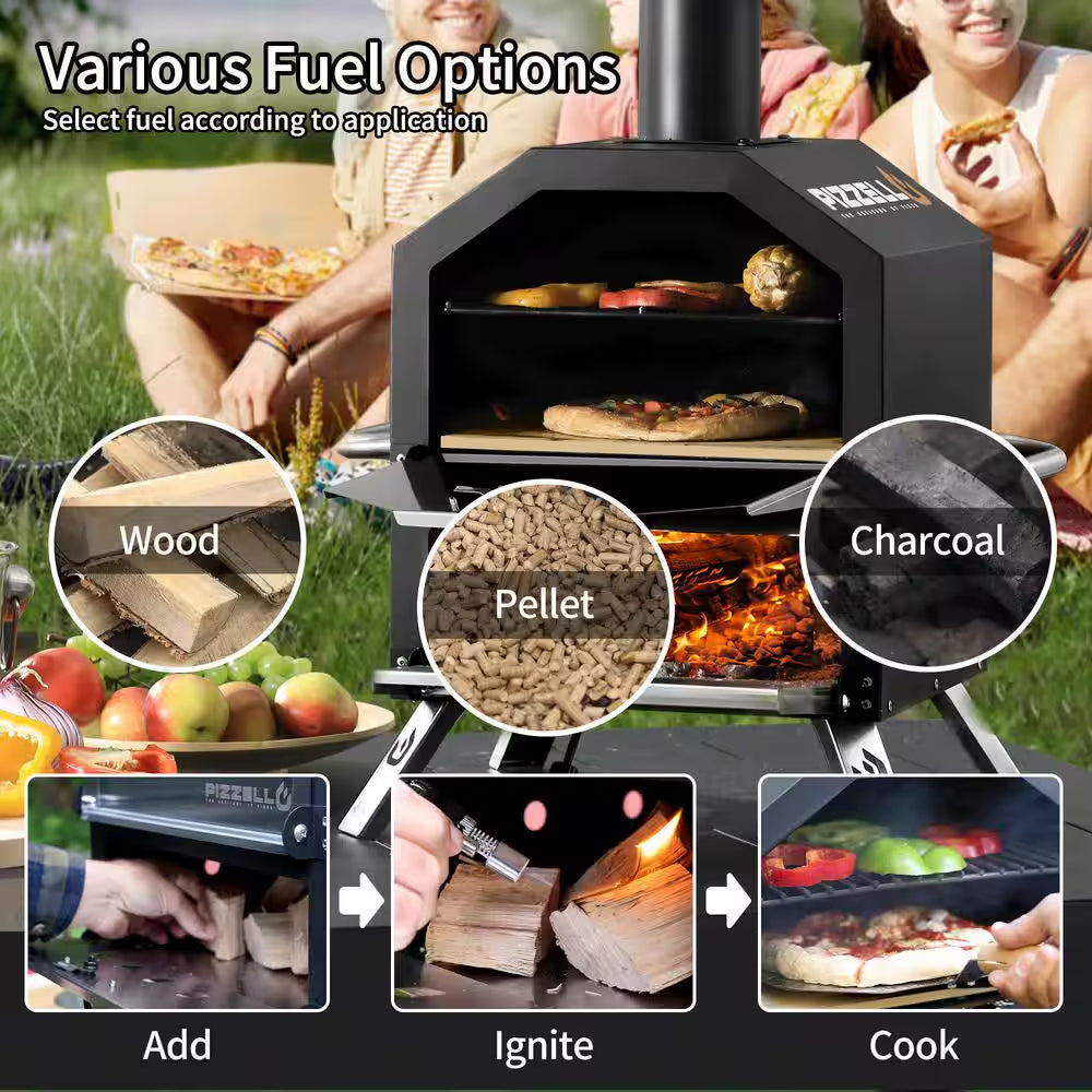 12 In. Outdoor Wood Fired Pizza Oven 2-Layer Pizza Maker outside Pizza Grill for Backyard Parties, Black