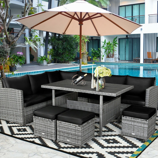 7 Pieces Patio Rattan Dining Furniture Sectional Sofa Set with Wicker Ottoman