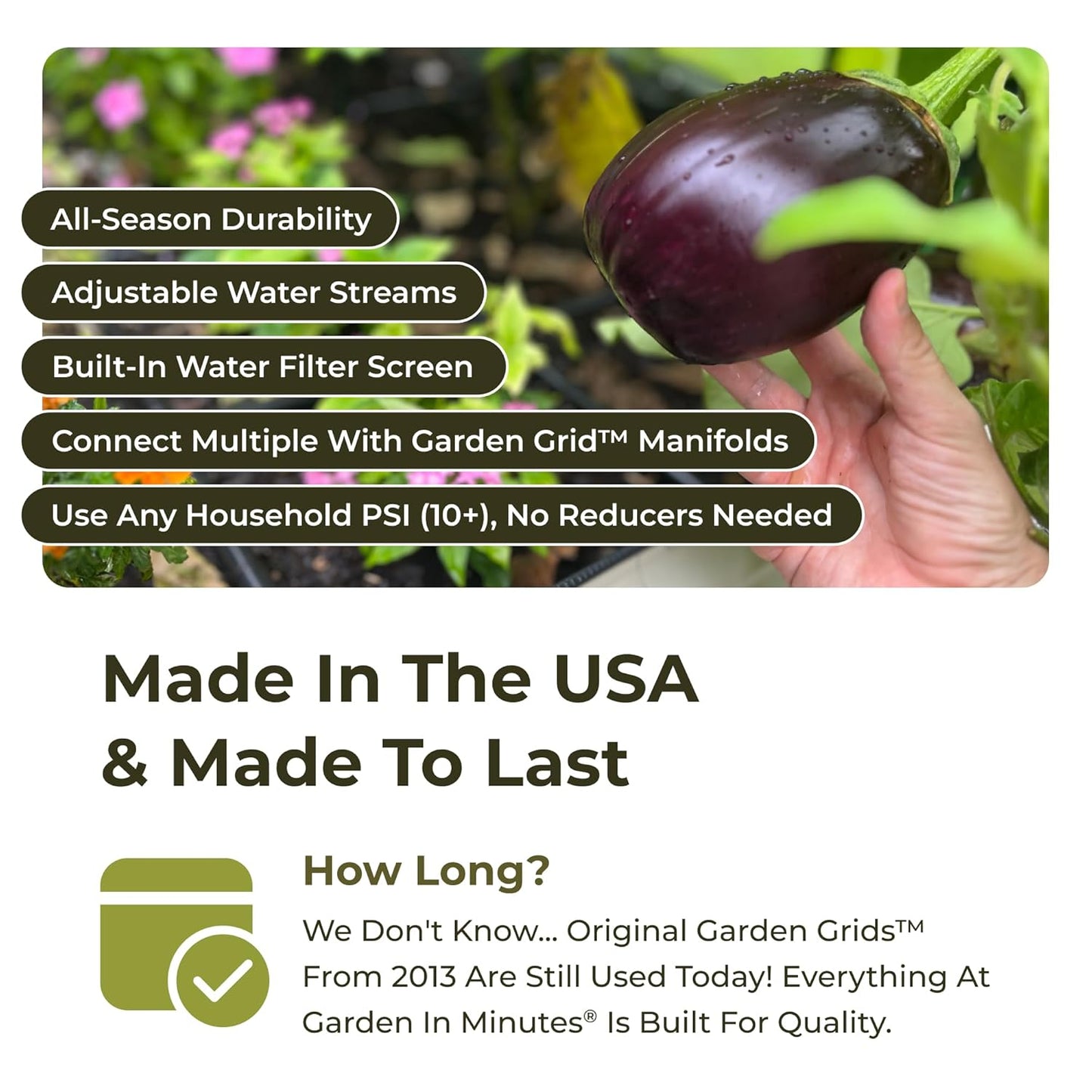 Garden Grid 2X6 | Garden Watering System for Raised Beds | Pre-Assembled | 1-Min Setup Garden Irrigation Kit; Full-Coverage, No Dry Spots; Usa-Made; Lasts Years Longer than Drip Irrigation, 22.5X66"