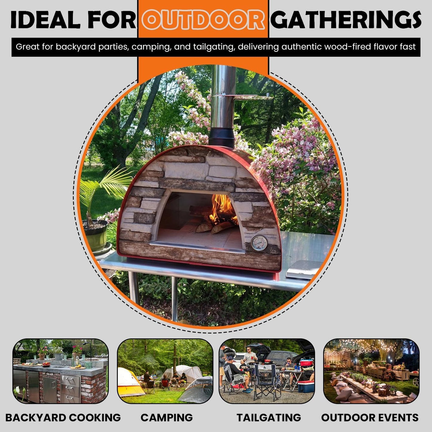 Maximus Red Wood-Fired Portable Outdoor Pizza Oven, Handmade in Portugal, Stainless Steel Chimney, Pizza Peel, Thermometer, Extra Floor Tile & Baking Dish Included