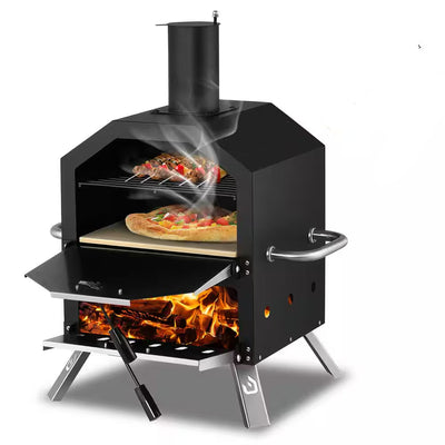 12 In. Outdoor Wood Fired Pizza Oven 2-Layer Pizza Maker outside Pizza Grill for Backyard Parties, Black