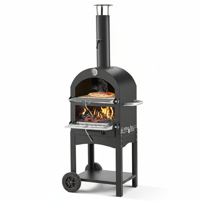 Outdoor Pizza Oven, 12" Pellet Fire Ovens, 2-Layer Pizza Oven Wood Fired, Wood Burning Outdoor Pizza-Oven with 2 Removable Wheels, 1000℉ Max Temperature Fired Pizza-Maker Ovens for Barbecue