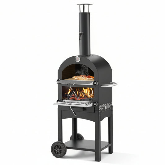 Outdoor Pizza Oven, 12" Pellet Fire Ovens, 2-Layer Pizza Oven Wood Fired, Wood Burning Outdoor Pizza-Oven with 2 Removable Wheels, 1000℉ Max Temperature Fired Pizza-Maker Ovens for Barbecue