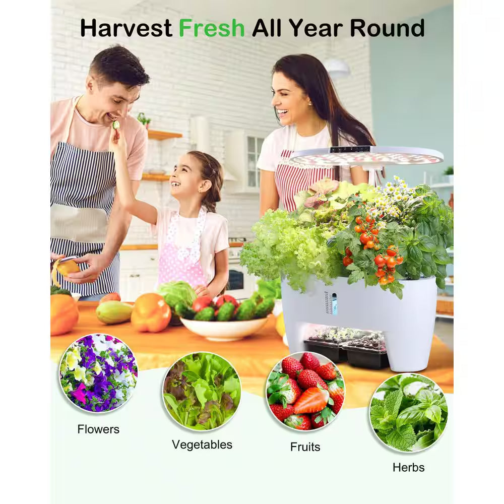 16 Pods White Hydroponic Growing System Kit with Sprout Mode and 24W Full Spectrum LED Grow Light Indoor Garden Planter