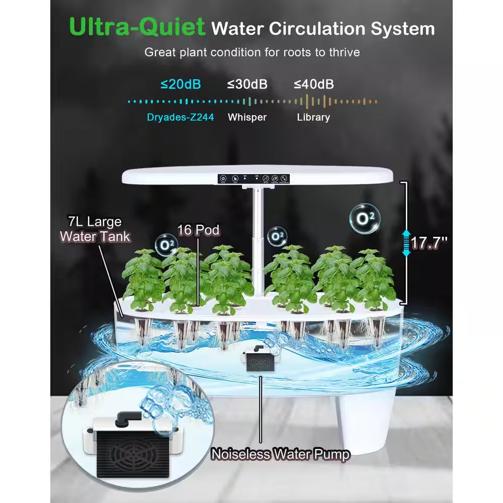 16 Pods White Hydroponic Growing System Kit with Sprout Mode and 24W Full Spectrum LED Grow Light Indoor Garden Planter