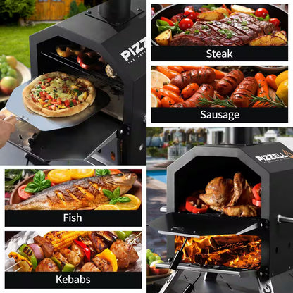 12 In. Outdoor Wood Fired Pizza Oven 2-Layer Pizza Maker outside Pizza Grill for Backyard Parties, Black