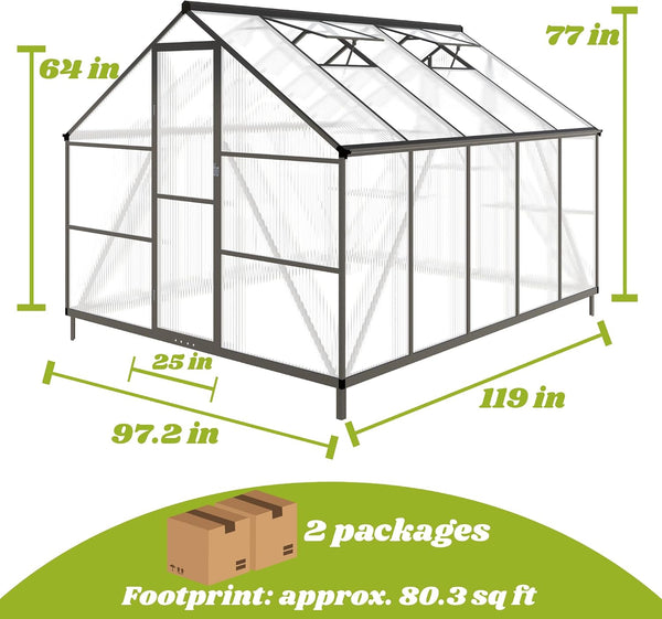 8 X 10 FT Outdoor Polycarbonate Greenhouse, Charcoal Black | Large Walk-In Interior, Reinforced Aluminum Frame, Double-Wall PC Panels, Two Roof Vents and Rain Gutters Help Plants Thrive