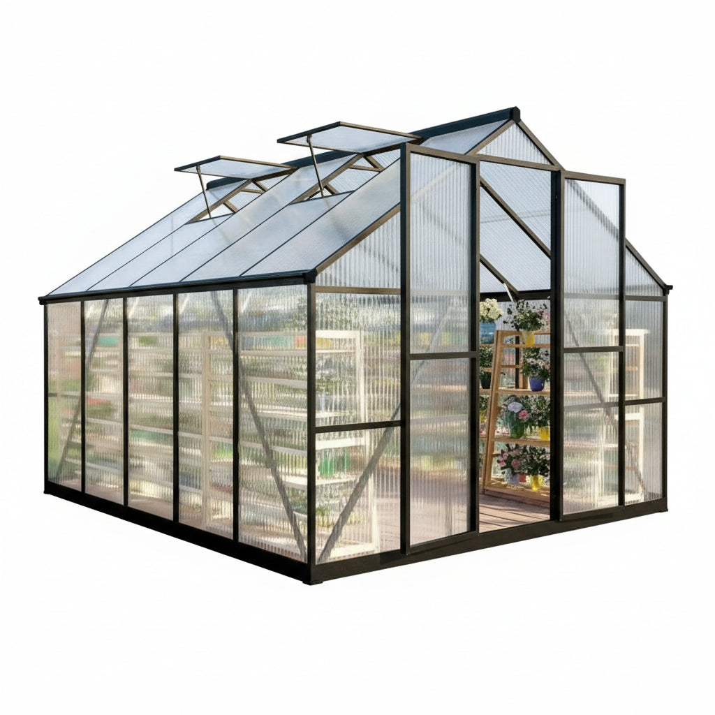8 X 10 FT Outdoor Polycarbonate Greenhouse, Charcoal Black | Large Walk-In Interior, Reinforced Aluminum Frame, Double-Wall PC Panels, Two Roof Vents and Rain Gutters Help Plants Thrive