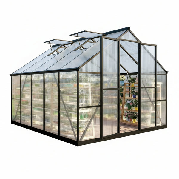 8 X 10 FT Outdoor Polycarbonate Greenhouse, Charcoal Black | Large Walk-In Interior, Reinforced Aluminum Frame, Double-Wall PC Panels, Two Roof Vents and Rain Gutters Help Plants Thrive