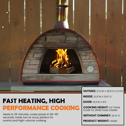 Maximus Red Wood-Fired Portable Outdoor Pizza Oven, Handmade in Portugal, Stainless Steel Chimney, Pizza Peel, Thermometer, Extra Floor Tile & Baking Dish Included