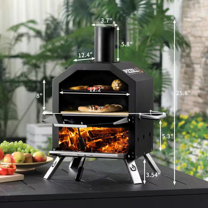 12 In. Outdoor Wood Fired Pizza Oven 2-Layer Pizza Maker outside Pizza Grill for Backyard Parties, Black