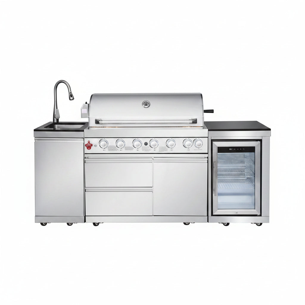 Outdoor Kitchen Island with Built in Grill, 6 Burner 83500 BTU Stainless Steel Gas Barbecue Island, Patio Cooking Station with Sink & Wine Cooler, Built in Grill Island for Backyard (Silver)