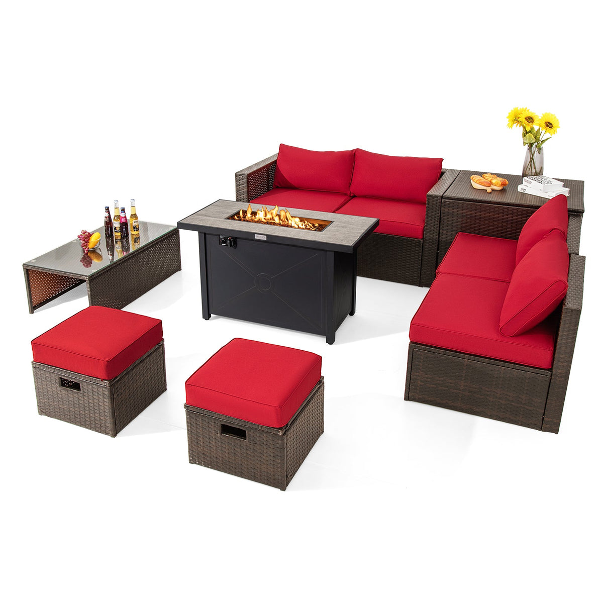 9 Pieces Outdoor Patio Furniture Set with 42 Inch Propane Fire Pit Table