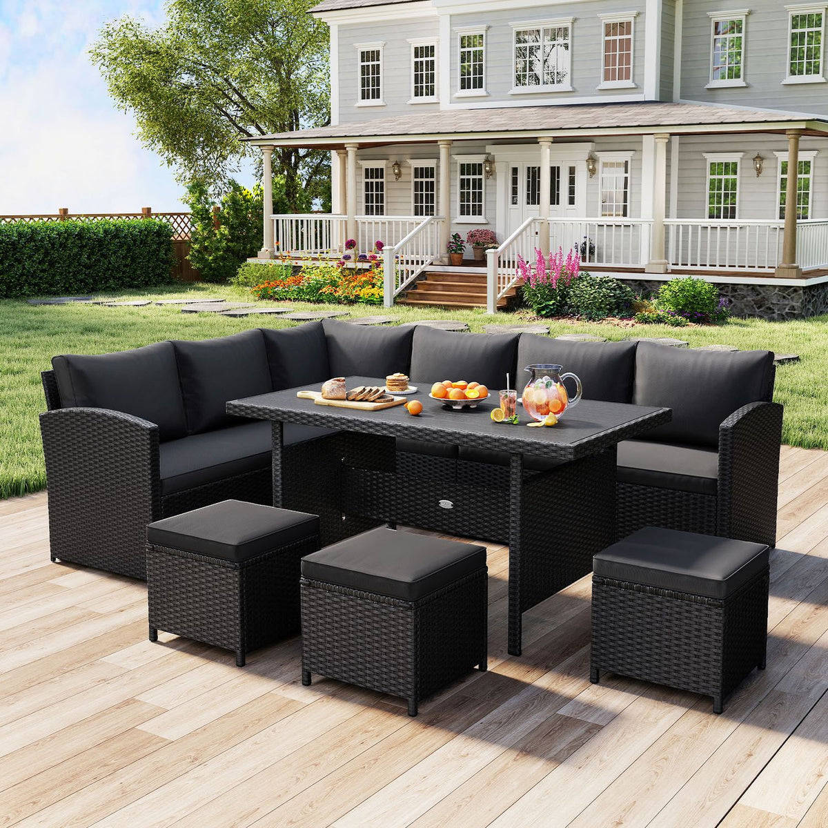 7 Pieces Patio Rattan Dining Furniture Sectional Sofa Set with Wicker Ottoman