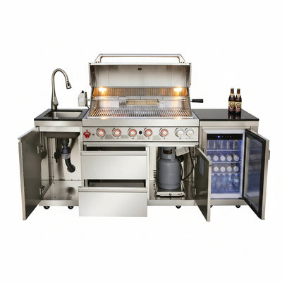 82-Inch 6-Burner Gas Grill 85,000 BTU Outdoor Kitchen Barbecue | Stainless Steel Grill Island with Sink, Storage Cabinets, and Wine Refrigerator,Backyard, Patio, Lawn, Silver