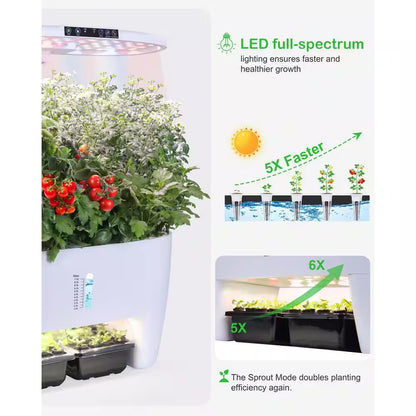 16 Pods White Hydroponic Growing System Kit with Sprout Mode and 24W Full Spectrum LED Grow Light Indoor Garden Planter