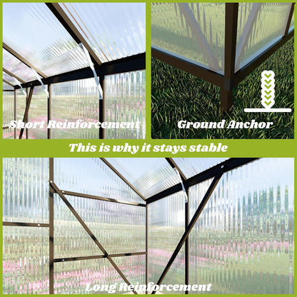 8 X 10 FT Outdoor Polycarbonate Greenhouse, Charcoal Black | Large Walk-In Interior, Reinforced Aluminum Frame, Double-Wall PC Panels, Two Roof Vents and Rain Gutters Help Plants Thrive