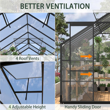 Greenhouses for Outdoors, 8X14.2 FT Polycarbonate Greenhouses with 2 Adjustable Roof Vent, Windproof, Walk-In Aluminum Frame Green Houses for outside with Sliding Door, Garden (8X14.2Ft)