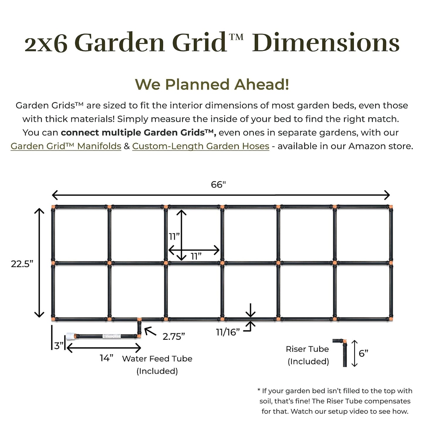 Garden Grid 2X6 | Garden Watering System for Raised Beds | Pre-Assembled | 1-Min Setup Garden Irrigation Kit; Full-Coverage, No Dry Spots; Usa-Made; Lasts Years Longer than Drip Irrigation, 22.5X66"