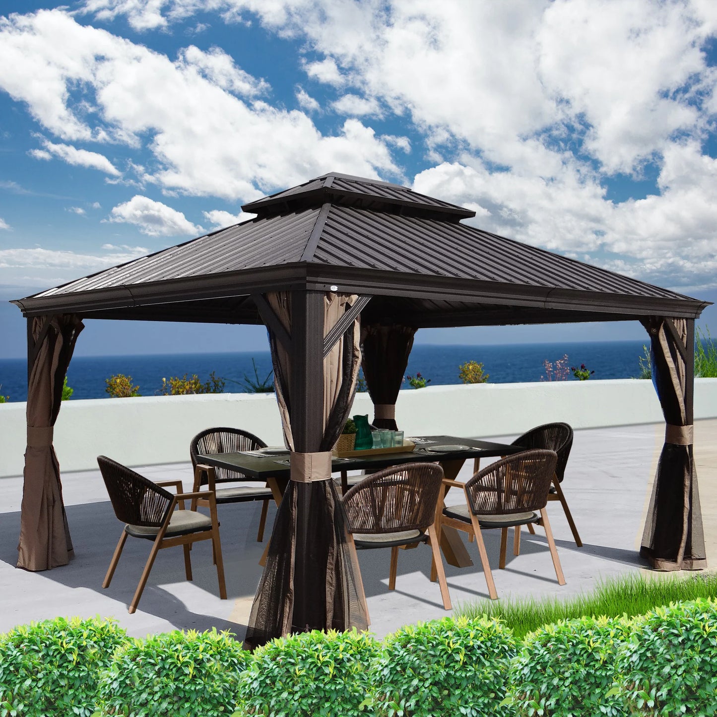 12-Ft X 16-Ft Alexander Dark Brown Gazebo with Hardtop Roof (Screen Included)