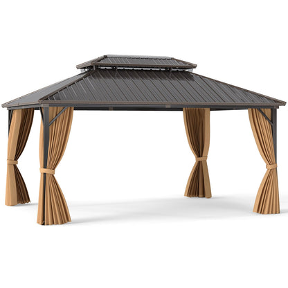 16 x 12 Feet Hardtop Gazebo Aluminum Frame Permanent Pavilion with Curtains and Netting-Coffee