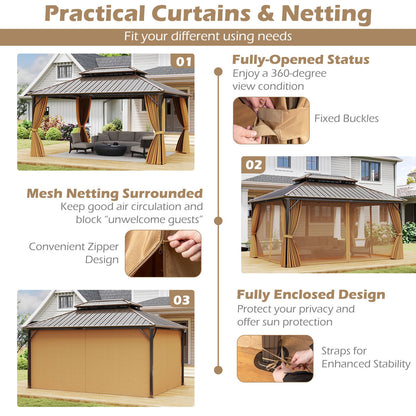 16 x 12 Feet Hardtop Gazebo Aluminum Frame Permanent Pavilion with Curtains and Netting-Coffee